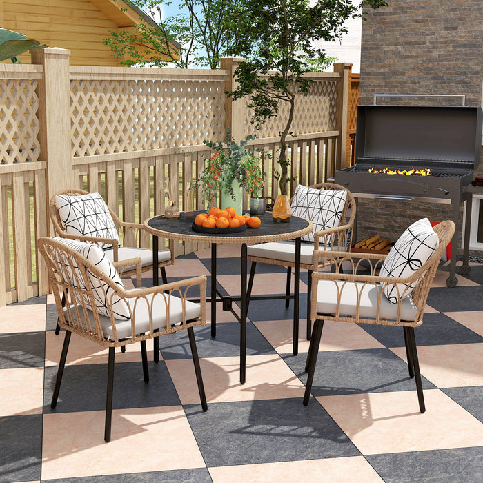 Outsunny 5 Piece Patio Rattan Dining Set, Wicker Garden Table and Chairs w/ Removable Seat & Back Cushions, Round Tempered Glass Tabletop, Parasol Hole, Outdoor Furniture Conservatory Set, Light Brown