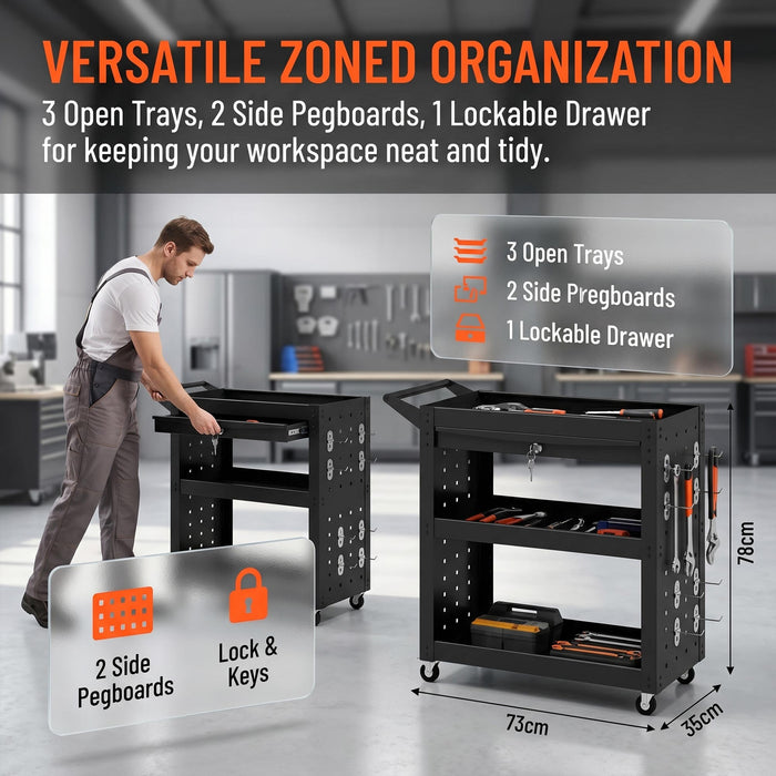HOMCOM Tool Cart with Lockable Wheels, Rolling Workshop Cart with 3-Tier Trays, Drawer, Pegboards, Black