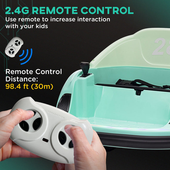 AIYAPLAY 360° Rotation Kids Bumper Car, 12V Waltzer Car with Remote Control, Dual Joysticks, Music Lights - Green | Aosom UK