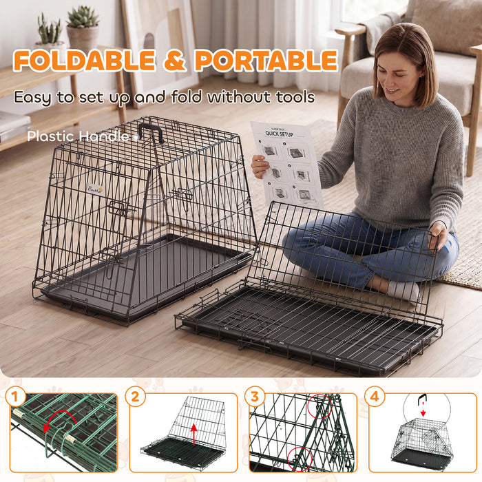 PawHut 30"(76 cm) Car Dog Crate Collapsible Slanted Travel Small Dog Cage with Tray & Handle 76L x 48W x 53H cm