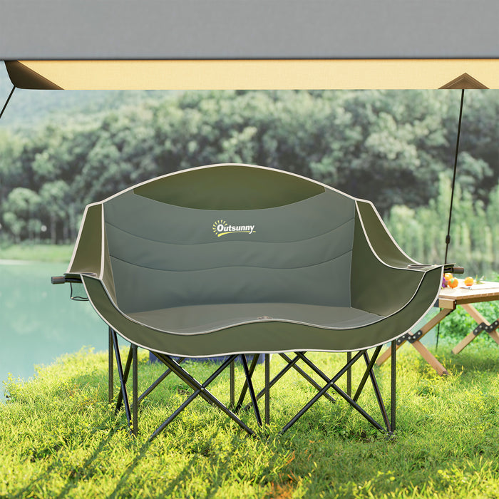 Outsunny Double Camping Chair for Adults, Oversized Heavy Duty Padded Folding Chair with Armrests, Cup Holders and Carry Bag for Outdoor Camping Hiking Picnic Fishing, 250kg Capacity, Green