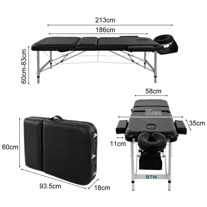 Aluminium Portable Massage Table - 3-Section Foldable Therapy Bed with Adjustable Headrest & Arm Sling - Ideal for Mobile Massage Therapists with Carrying Case Included