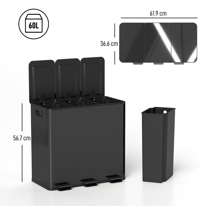 HOMCOM 3 x 20L Pedal Bin, Steel Triple Kitchen Bin with Soft Close Lid, Removable Inner Buckets, Fingerprint-Proof, Black