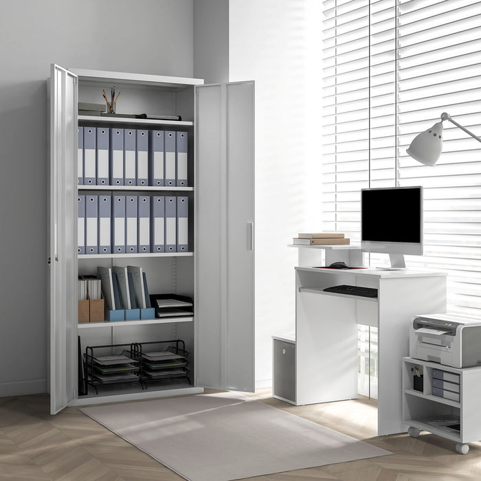 Lockable White Steel Cabinet with Five Shelves - Secure Storage Solution for Office - Ideal for Organizing Files and Supplies
