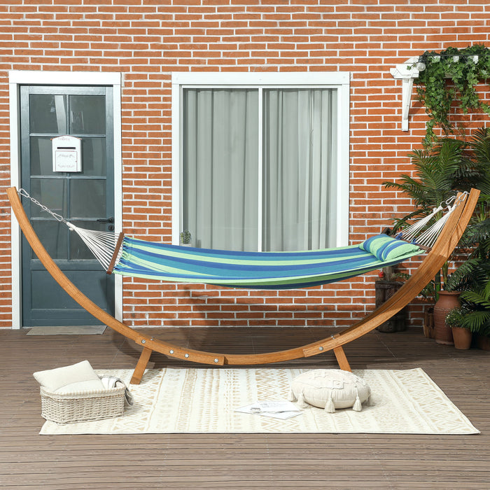 Outsunny Outdoor Hammock with Stand, Garden Hammock with Triple-Head Eucalyptus Wood Arc Frame, 1 Person Cotton Bed and Head Pillow, Freestanding Garden Swing Bed for Patio, Blue Stripe
