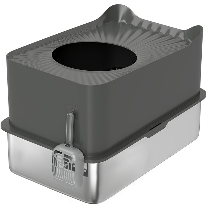 PawHut Stainless Steel Cat Litter Tray, Extra Large Enclosed Litter Box with Scoop, Top Entrance, Non-slip Pads, Dark Grey