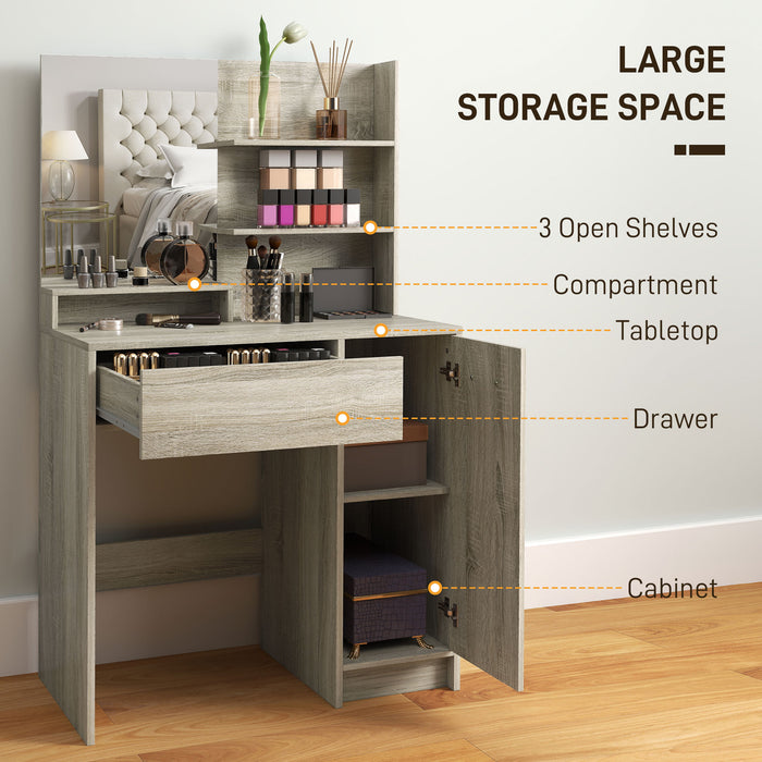 HOMCOM Dressing Table and Stool Set, with Storage - Natural Wood Finish