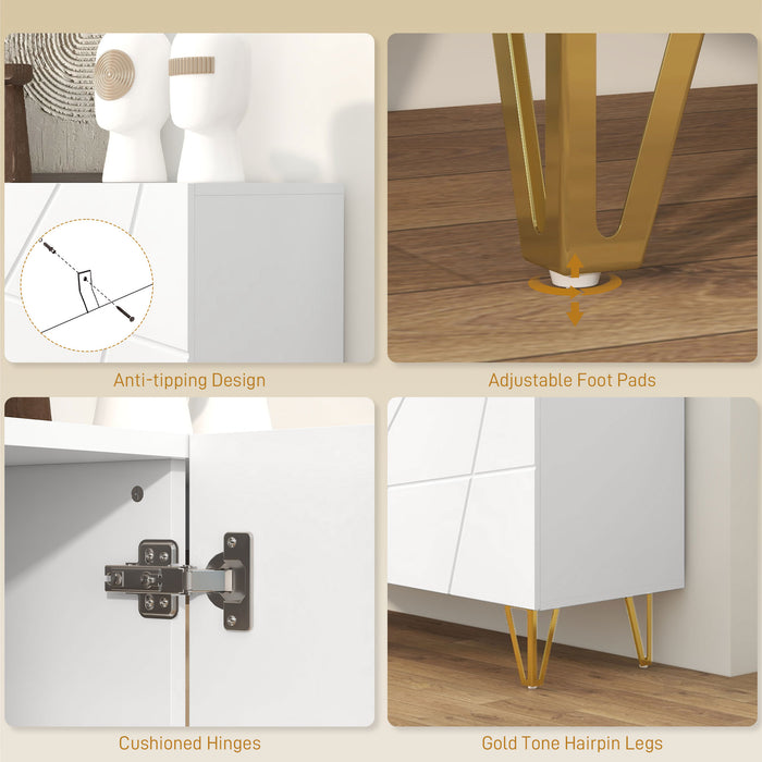 High Gloss Front Storage Cabinet - Freestanding Sideboard with Adjustable Shelving & Soft-Close Doors, Gold Tone Hairpin Legs - Stylish Organizer for Living Room, Dining Area, Hallway