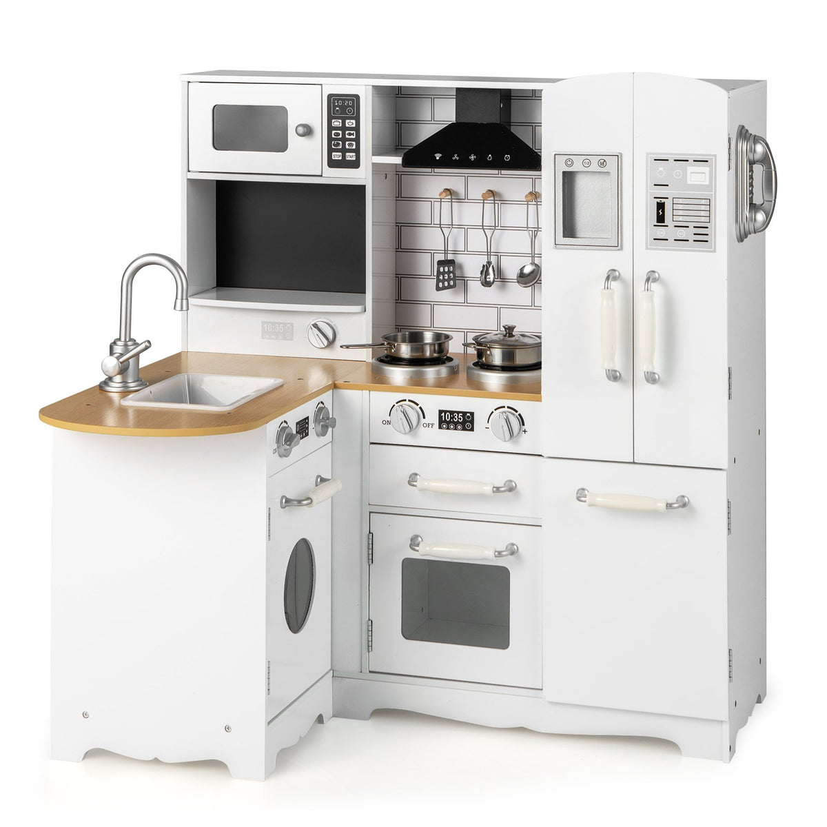 Kid's Corner Kitchen Playset Wooden Play Kitchen with Range Hood-