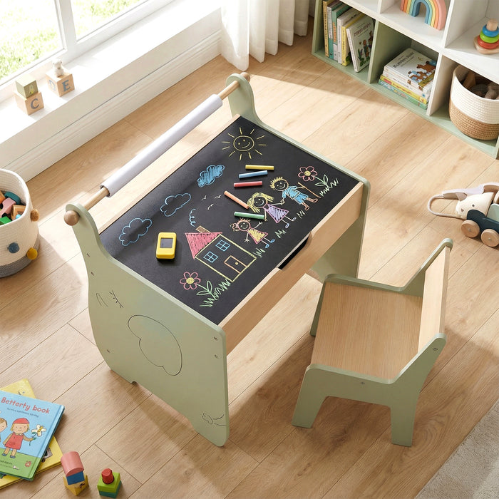 Kids Art Table and Chair Set with Paper Roll for Drawing-
