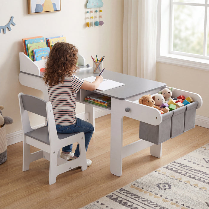 Kids Art Table with Paper Roll and Fabric Bins for Drawing Reading and Playing-