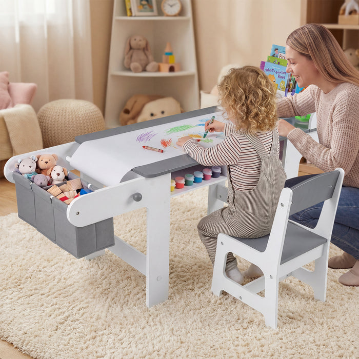 Kids Art Table with Paper Roll and Fabric Bins for Drawing Reading and Playing-