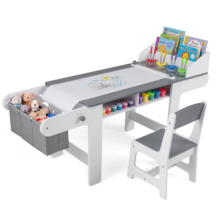 Kids Art Table with Paper Roll and Fabric Bins for Drawing Reading and Playing-