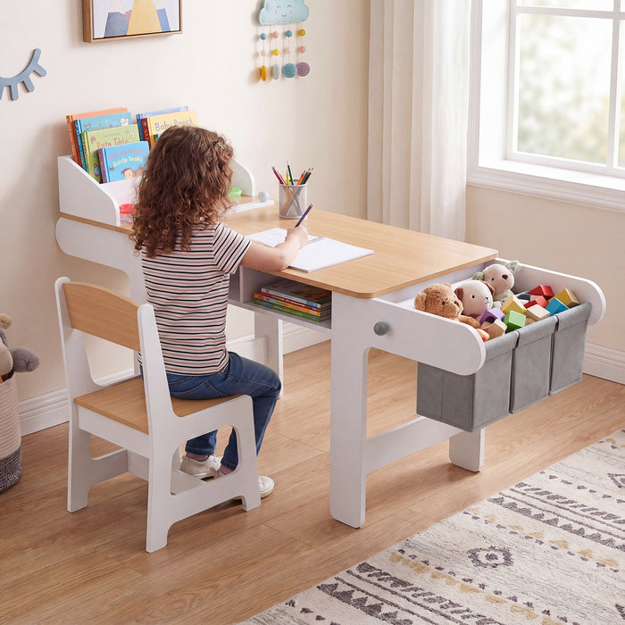 Kids Art Table with Paper Roll and Fabric Bins for Drawing Reading and Playing-