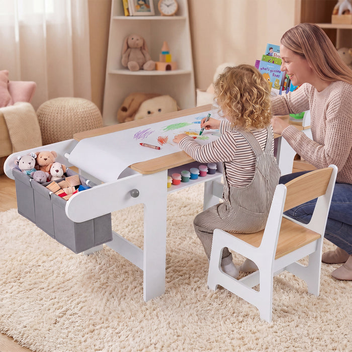 Kids Art Table with Paper Roll and Fabric Bins for Drawing Reading and Playing-