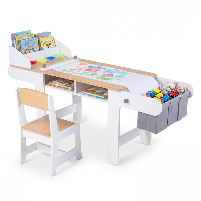 Kids Art Table with Paper Roll and Fabric Bins for Drawing Reading and Playing-