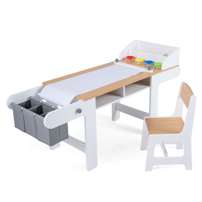 Kids Art Table with Paper Roll and Fabric Bins for Drawing Reading and Playing-