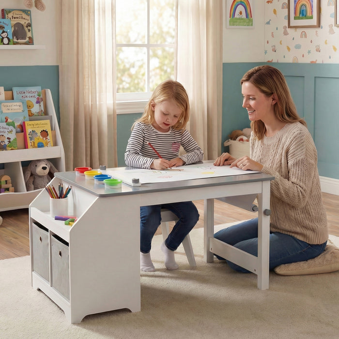 Kids Art Table with Paper Roll and Storage Shelves for Playroom Nursery-