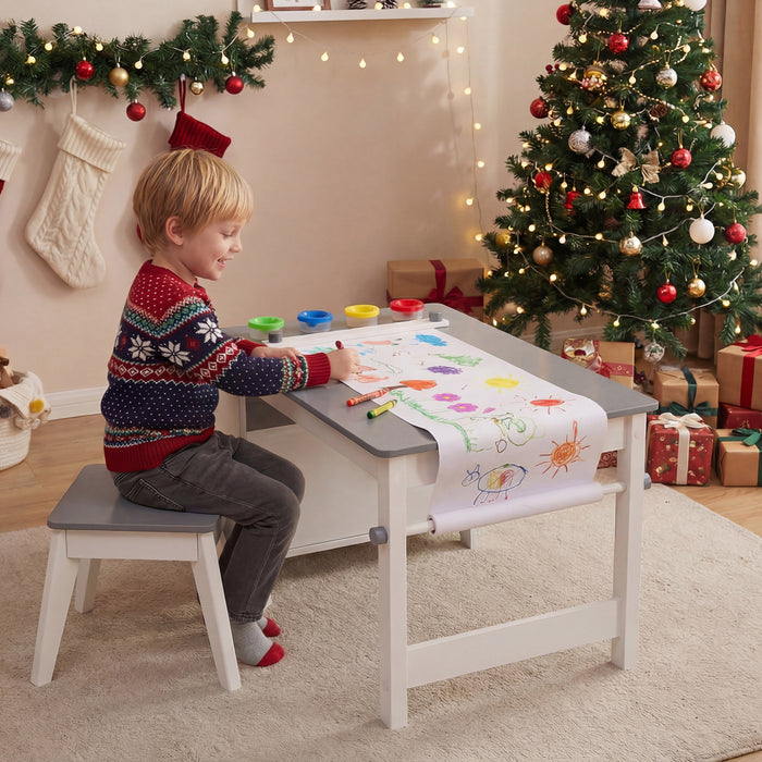 Kids Art Table with Paper Roll and Storage Shelves for Playroom Nursery-
