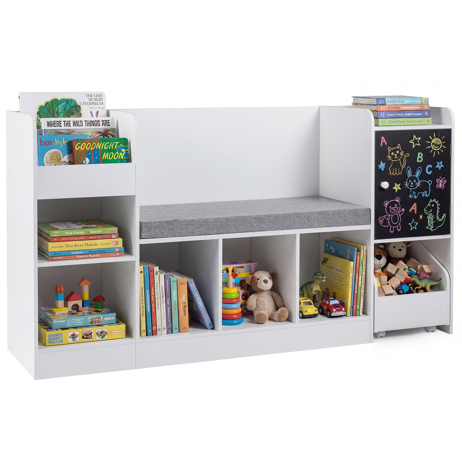 Kids Bookcase and Bookshelf with Reading Nook Toy Storage Organizer with Padded Seat Cushion-White