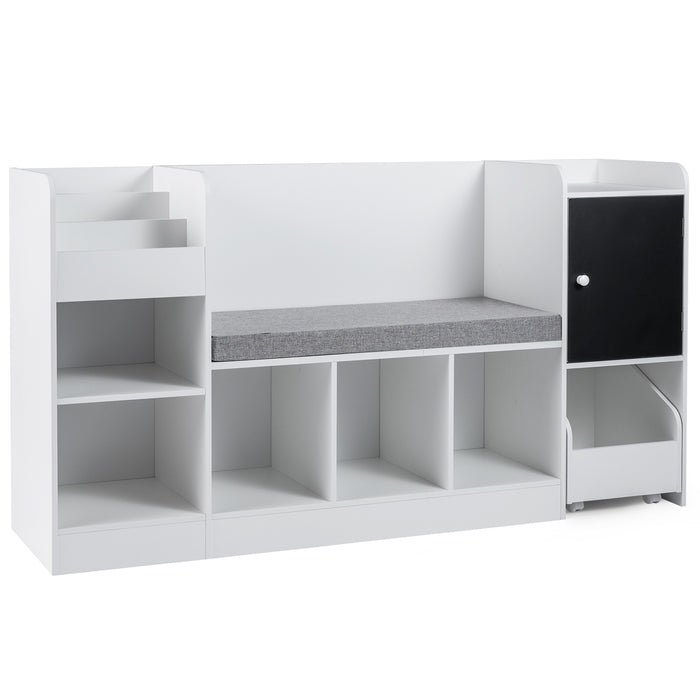 Kids Bookcase and Bookshelf with Reading Nook Toy Storage Organizer with Padded Seat Cushion-White