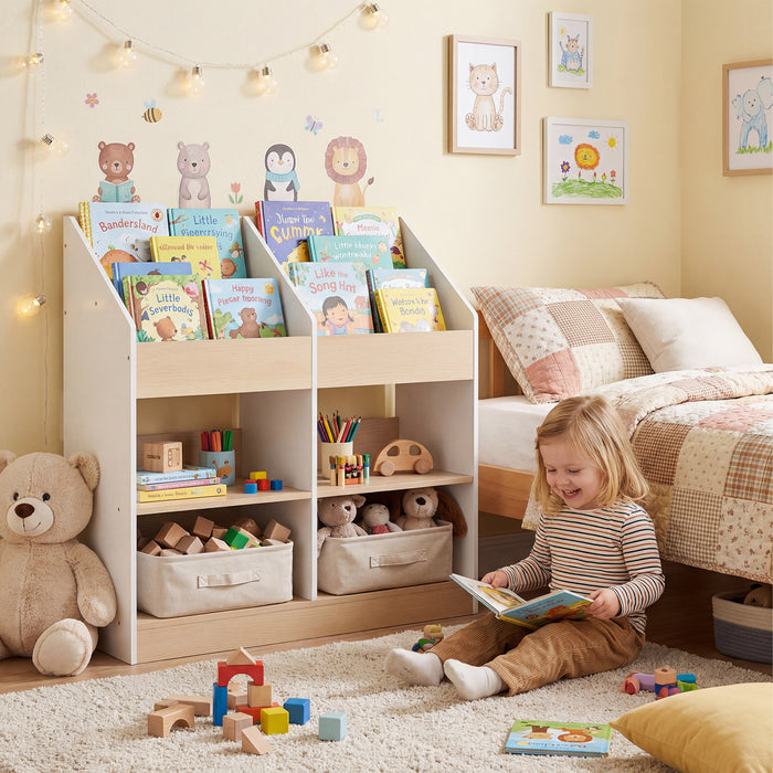 Kids Bookshelf Toddler Book Stand with 4 Upright Cubes and 4 Storage Compartments-