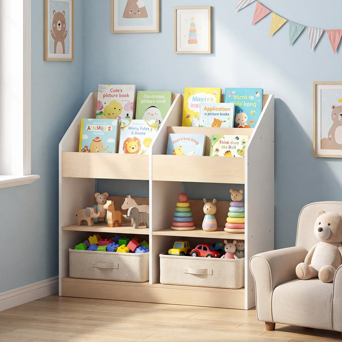 Kids Bookshelf Toddler Book Stand with 4 Upright Cubes and 4 Storage Compartments-