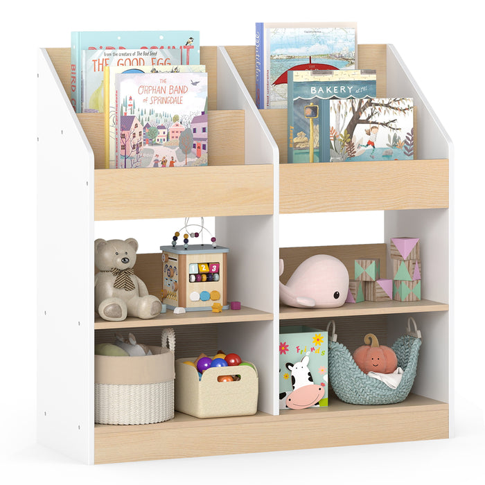 Kids Bookshelf Toddler Book Stand with 4 Upright Cubes and 4 Storage Compartments-