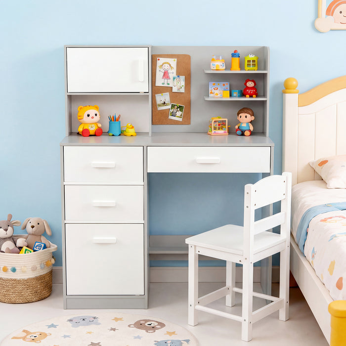Kids Desk and Chair Set Study Table with Hutch Bulletin Board 3 Drawers-