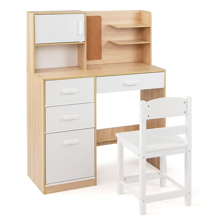 Kids Desk and Chair Set Study Table with Hutch Bulletin Board 3 Drawers-