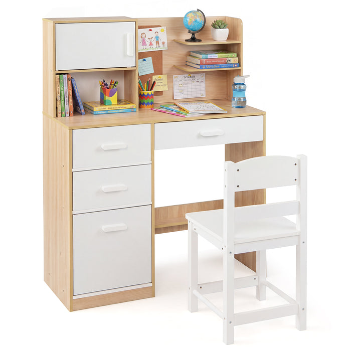 Kids Desk and Chair Set Study Table with Hutch Bulletin Board 3 Drawers-
