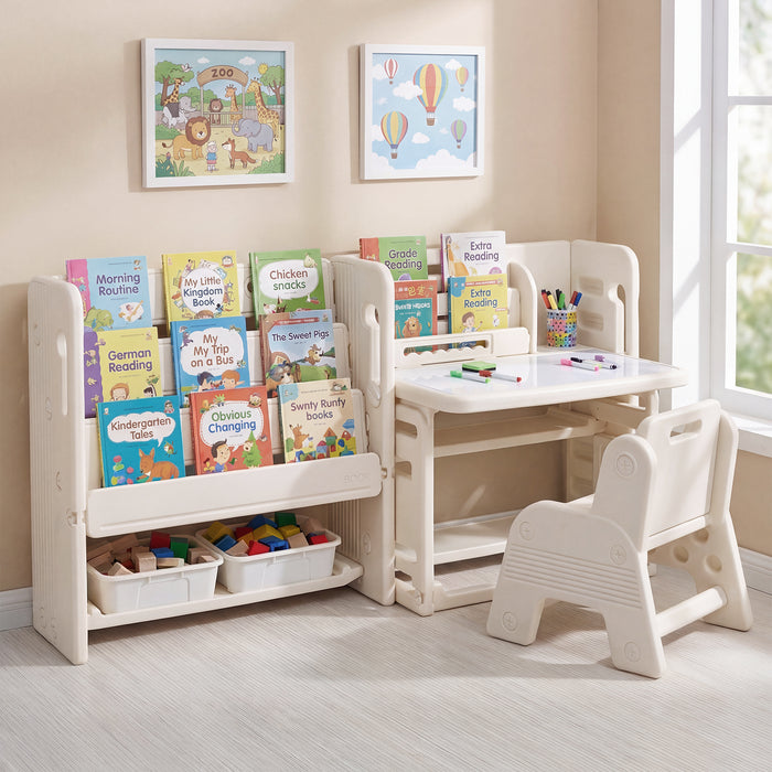 Kids Desk and Chair Set with Side Bookshelves and Whiteboard-