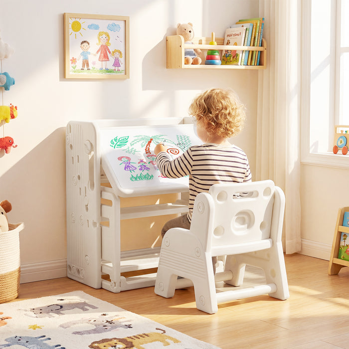 Kids Desk and Chair Set with Side Bookshelves and Whiteboard-