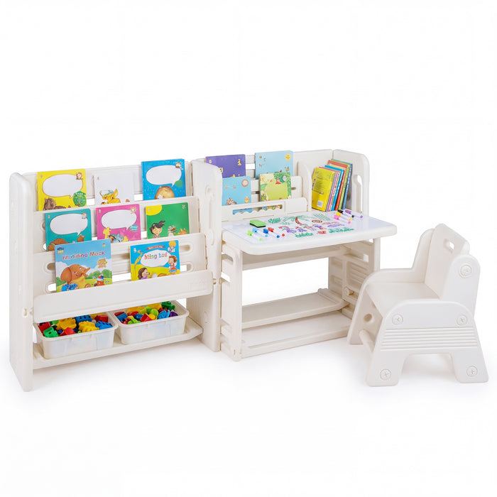 Kids Desk and Chair Set with Side Bookshelves and Whiteboard-