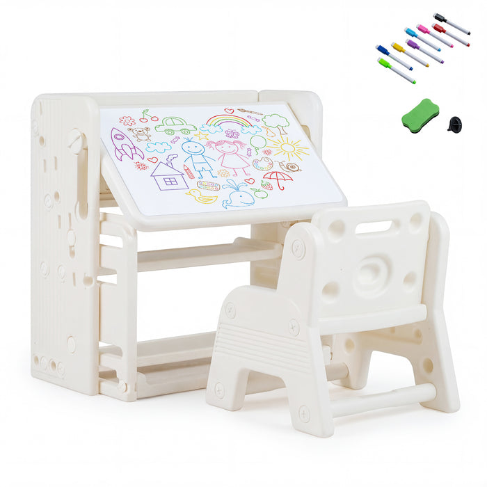 Kids Desk and Chair Set with Side Bookshelves and Whiteboard-