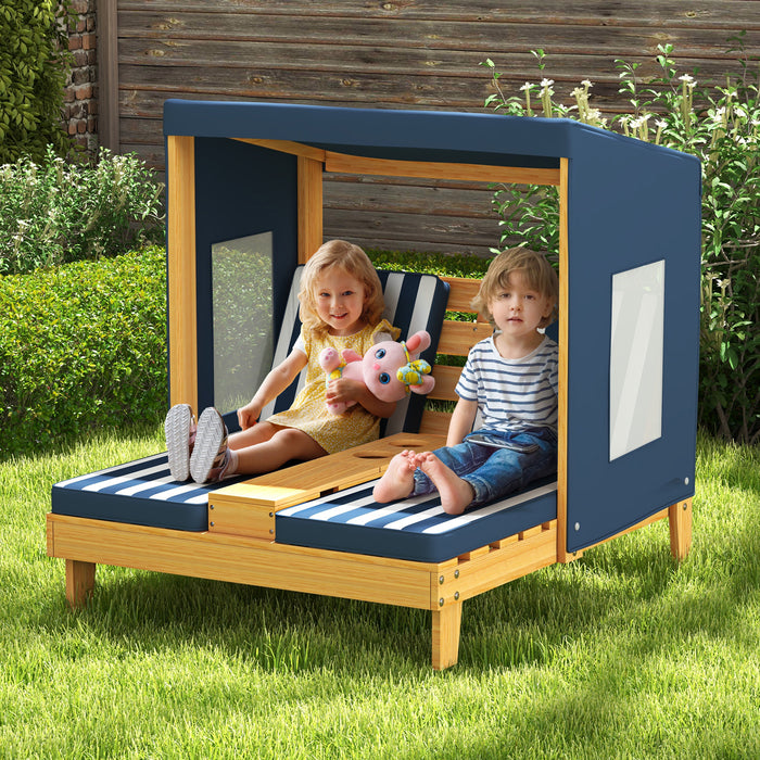 Kids Double Chaise Lounge with Cup Holders 2 Seats Patio Lounge Chair with Awning-