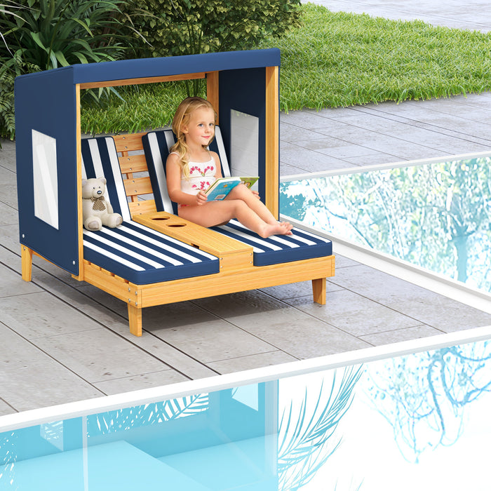 Kids Double Chaise Lounge with Cup Holders 2 Seats Patio Lounge Chair with Awning-