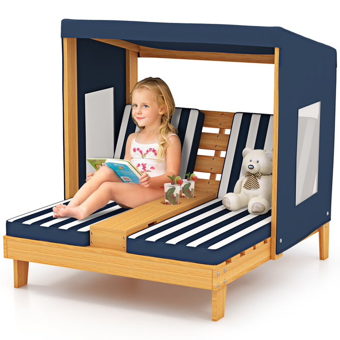 Kids Double Chaise Lounge with Cup Holders 2 Seats Patio Lounge Chair with Awning-