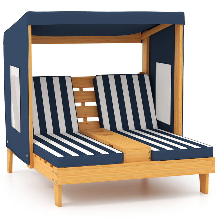 Kids Double Chaise Lounge with Cup Holders 2 Seats Patio Lounge Chair with Awning-