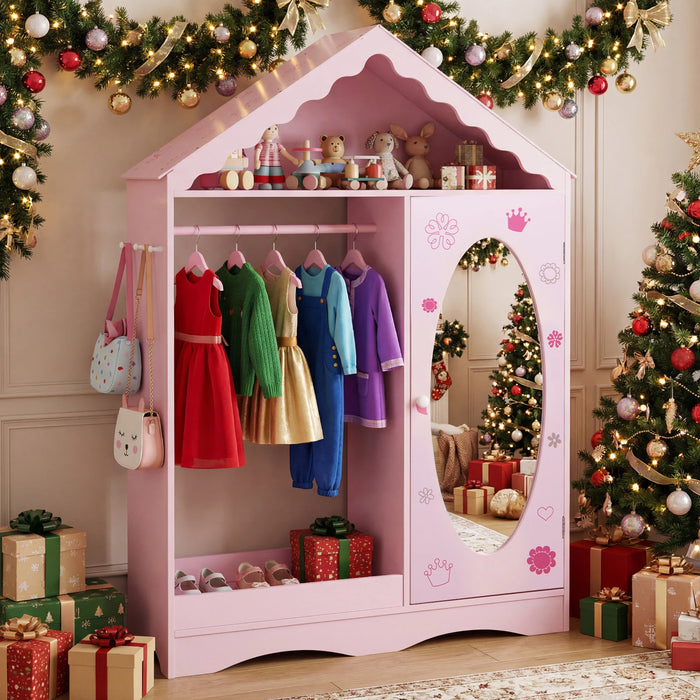 Kids Dress Up Storage with Mirror Roofed Wardrobe Closet with Open Hanging Rack-