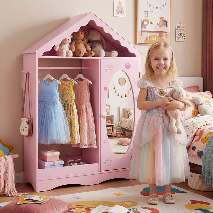 Kids Dress Up Storage with Mirror Roofed Wardrobe Closet with Open Hanging Rack-