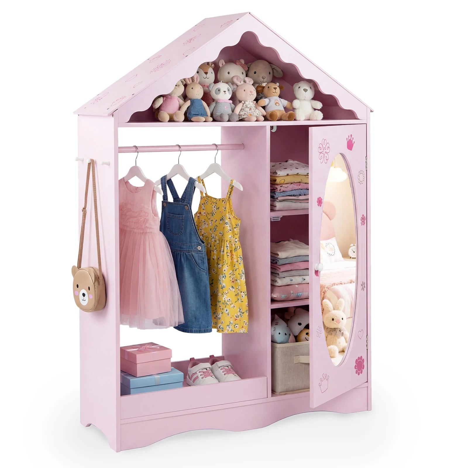 Kids Dress Up Storage with Mirror Roofed Wardrobe Closet with Open Hanging Rack-