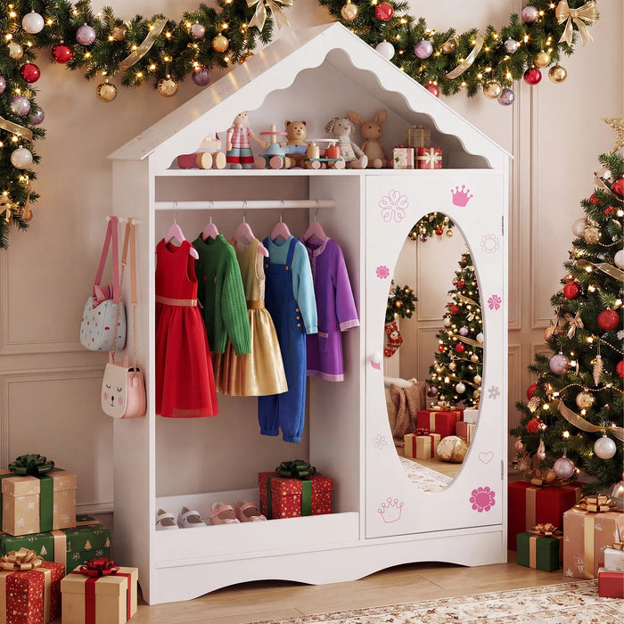 Kids Dress Up Storage with Mirror Roofed Wardrobe Closet with Open Hanging Rack-