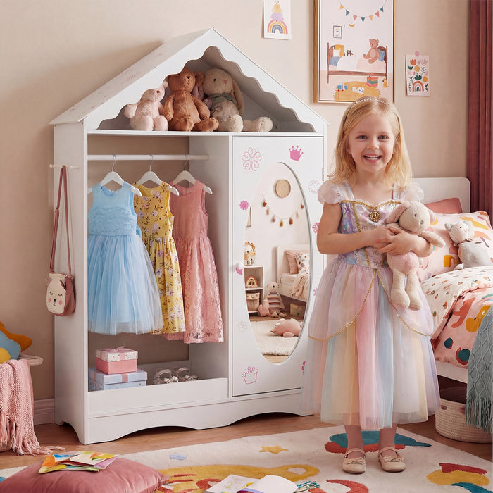 Kids Dress Up Storage with Mirror Roofed Wardrobe Closet with Open Hanging Rack-