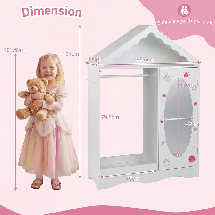 Kids Dress Up Storage with Mirror Roofed Wardrobe Closet with Open Hanging Rack-