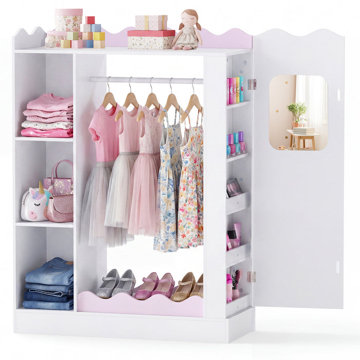 Kids Dress Up Storage with Mirrors and Open Hanging Rack for Bedroom-