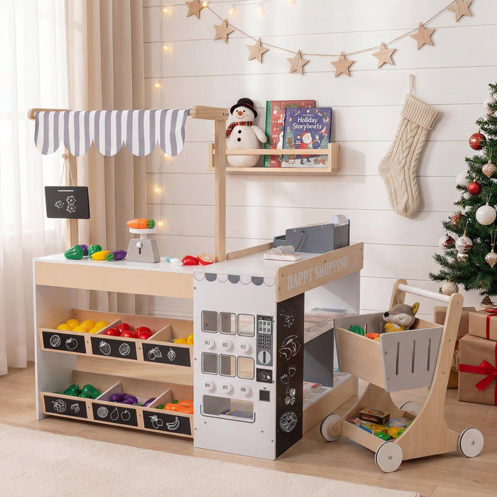 Grocery Wooden Pretend Play Supermarket with Shopping Cart-
