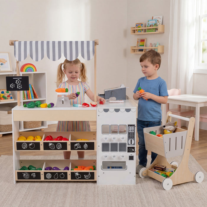 Grocery Wooden Pretend Play Supermarket with Shopping Cart-