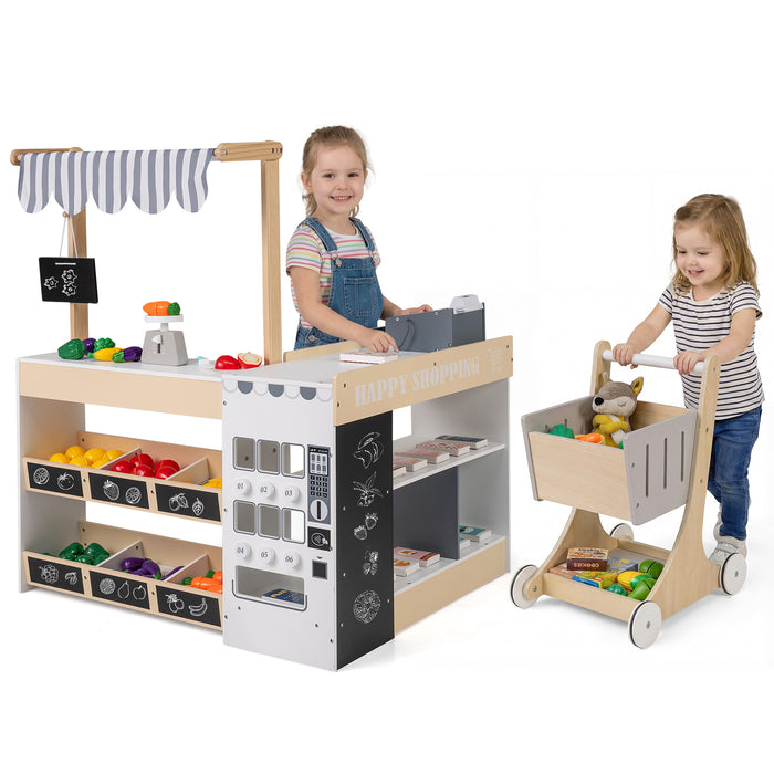 Grocery Wooden Pretend Play Supermarket with Shopping Cart-