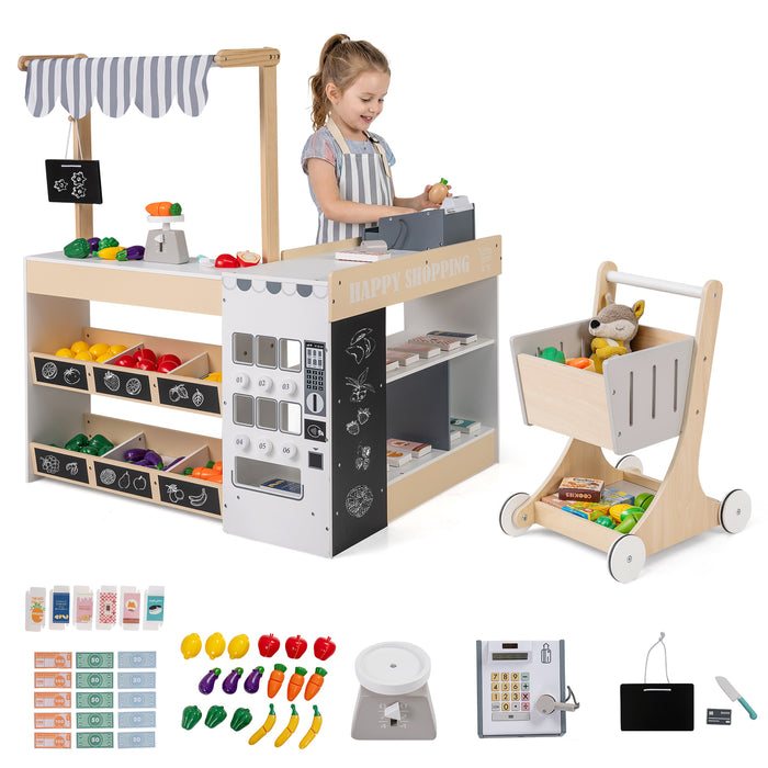 Grocery Wooden Pretend Play Supermarket with Shopping Cart-